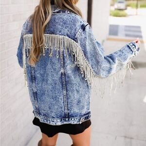 Paint the Town Large Rhinestone Jewel Fringe Acid Washed Denim Jacket